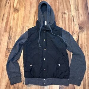 RVCA Women’s Y2K Hooded Puffer Jacket Gray & Black Snap Front Small